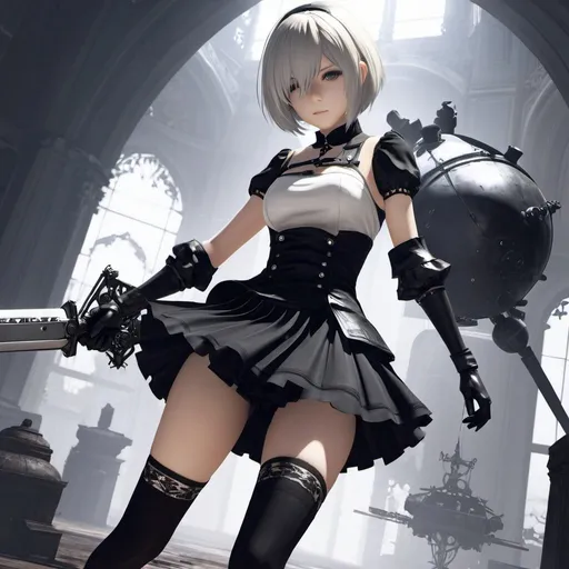 Prompt: 1girl++, nier (series), nier automata, yorha no. 2 type b, short hair, gloves, thighhighs, skirt, fighting, evil robot