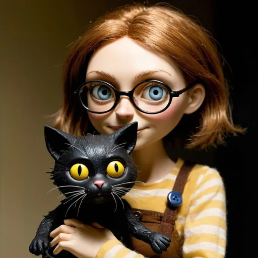 Prompt: puppet coraline with button eyes (light_brown_hair, wearing eyeglasses, holding a young black kitten) : by Dave McKean, tim burton