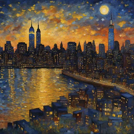 Prompt: A nightfall at New York City, Low Angle Shot, digital art, starry night, moonlight, cloudy, Maurice Prendergast, sunset, award, a passionately vibrant interpretation, summer, Dramatic Lighting --v 5. 2 --style raw --s 750 --ar 9:16 --q 2