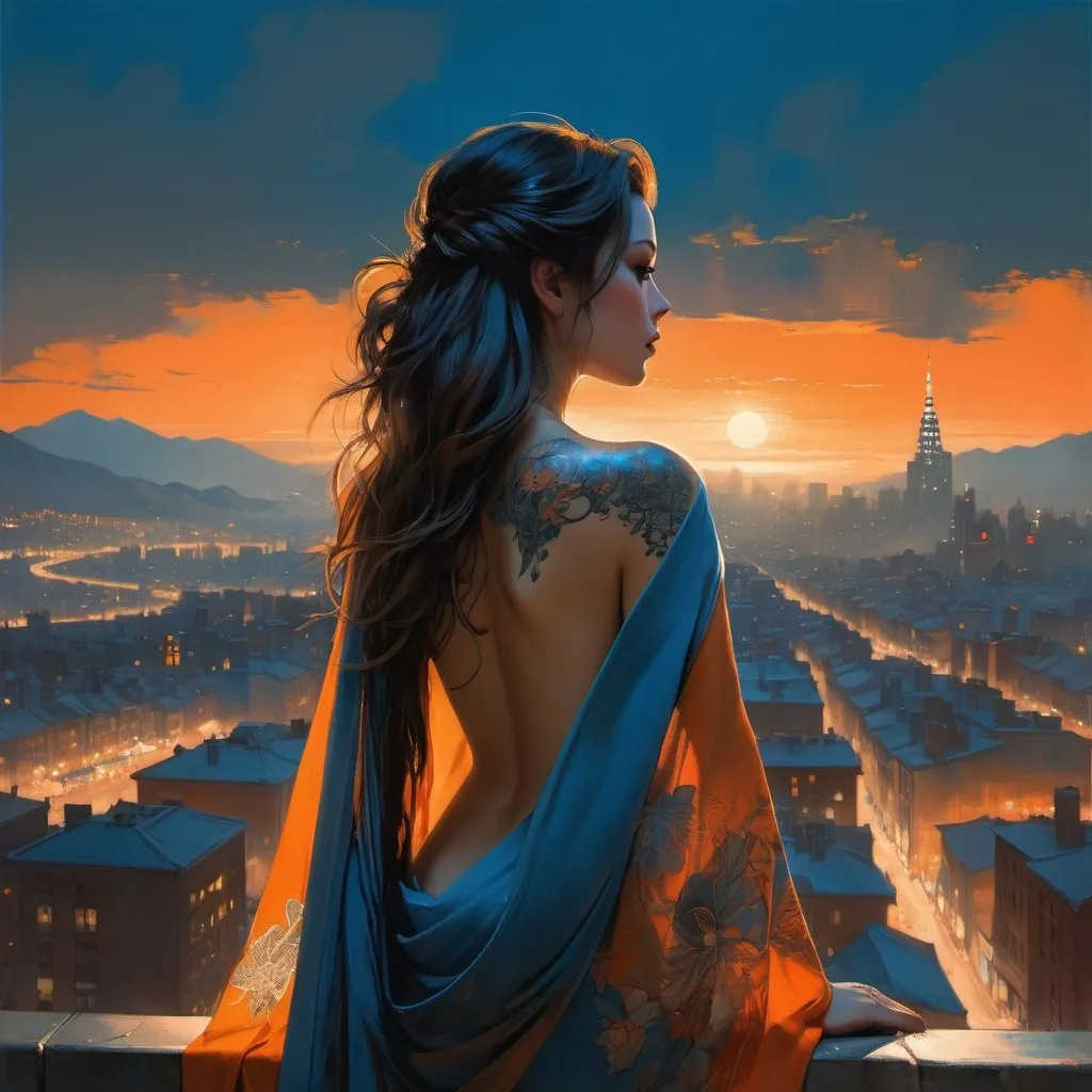 Prompt: She has long hair and is facing away from the viewer. Her back is covered in intricate tattoos. She is wearing a shawl around her shoulders. The sky is a mix of blue and orange, and there are many orange lights in the city below. detailed matte painting, stunning art by Gil Elvgren, jeremy mann, yoji shinkawa