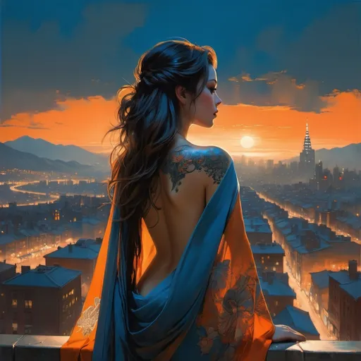 Prompt: She has long hair and is facing away from the viewer. Her back is covered in intricate tattoos. She is wearing a shawl around her shoulders. The sky is a mix of blue and orange, and there are many orange lights in the city below. detailed matte painting, stunning art by Gil Elvgren, jeremy mann, yoji shinkawa