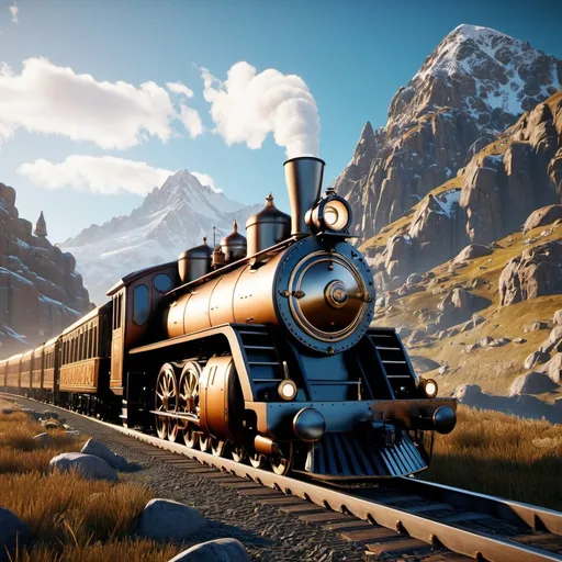 Prompt: Unreal Engine 5 render :: 3D :: HDR:: (3D model of ultra-detailed steampunk train) ::mountain landscape in the background :: maximalist intricate detailed:: ray tracing:: photorealistic, cinematic :: steampunk fantasy art :: artstation :: concept art :: Christopher Lovell + Bojan Jevtic + Artgerm + WLOP:: 8k :: ZBrush :: CGSociety