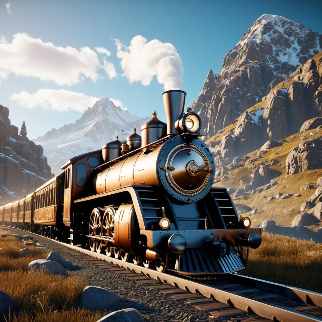 Prompt: Unreal Engine 5 render :: 3D :: HDR:: (3D model of ultra-detailed steampunk train) ::mountain landscape in the background :: maximalist intricate detailed:: ray tracing:: photorealistic, cinematic :: steampunk fantasy art :: artstation :: concept art :: Christopher Lovell + Bojan Jevtic + Artgerm + WLOP:: 8k :: ZBrush :: CGSociety