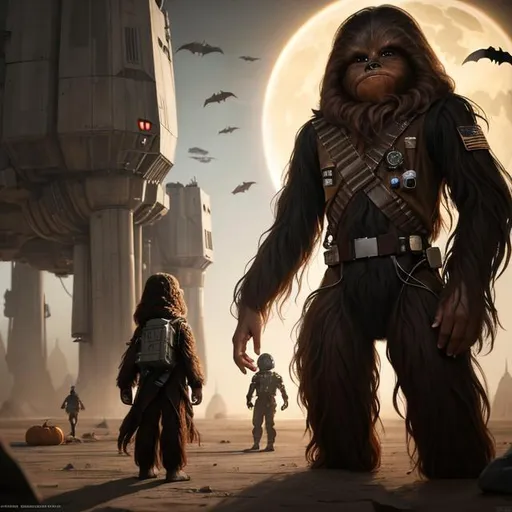 Prompt: Wookie during halloween, 4k, trending on artstation, dim lighting, concept art, alien kids around around, deserted base background, x-wing flying in the sky, by Drew Struzan