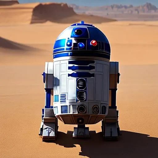 Prompt: Fierce R2-D2 training in treacherous desert terrain, determined, fierce, powerful, intense, focused, realistic, intricate details