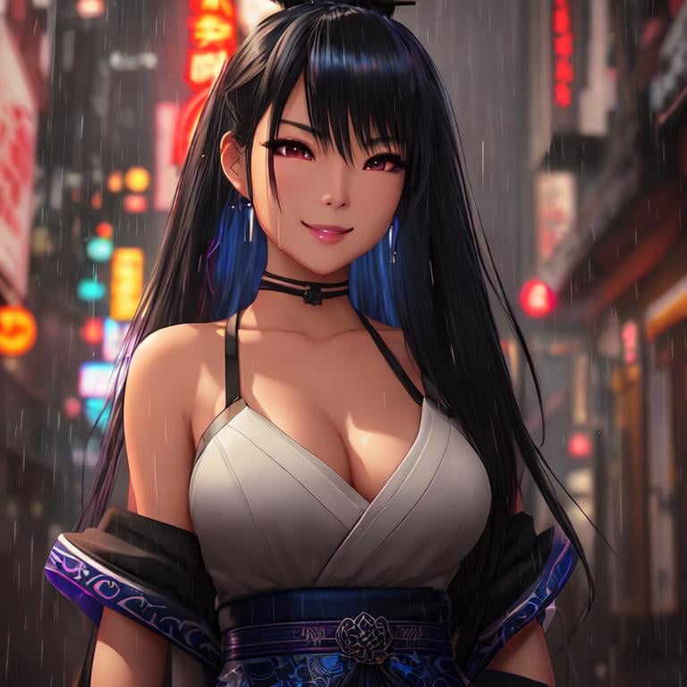 Prompt: Digital art, game art, asian vibes, neon light, night city, rain, full length, anime woman with samurai mask, black hair with blue streaks, ponytail, creepy smile, smooth soft skin, detailed face, holding white dog, wearing black skirt