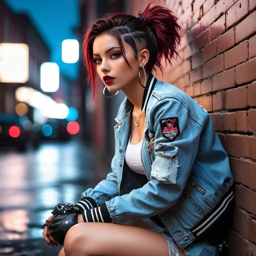 Prompt: (film stock) , (extremely detailed CG unity 8k wallpaper) full body portrait of a cyberpunk woman leaning on a wall in cyberpunk city street at night, (action scene) , (wide angle) , ((Night time) ), city lights, ((neon cyberpunk city street:1.3) ), (neon lights) , stars, moon, (film grain:1.4) , colored lighting, full body, cyberpunk woman in a futuristic city in a cyberpunk city, (hands in pockets) , (leaning on wall) , dynamic pose, ((rgb gamer headphones) ), ((tanned skin:1.3) ), ((angry) ), (angry eyebrows) , scowl, (e-girl blush:1.2) long hair, (freckles:0.9) , detailed symmetrical face, (dark crimson hair:1.2) , short hair, (messy hair bun) , (undercut hair:1.4) , punk girl, ((tattoos) ), alt girl, ((face piercings:1.2) ), ((fingerless gloves) ), (brown eyes) , many rings, reflective eyes, makeup, (red lipstick) , (shiny lips) , (white sclera) , (sweat) , ear piercings, detailed lighting, rim lighting, dramatic lighting, chiaroscuro, (white band shirt) , ((ripped denim bomber jacket:1.1) ), (jean jacket) , long sleeves, bracelets, (torn blue jean pants:1.2) ), (mom jeans) , brick wall, (polluted sky) , wall graffiti, ((doc martens) ), ((combat boots) ), (black shoelaces, muddy boots,(from below:1.2) , (wide angle lens) , professional majestic impressionism oil painting by Waterhouse, John Constable, Ed Blinkey, Atey Ghailan, Studio Ghibli, by Jeremy Mann, Greg Manchess, Antonio Moro, trending on ArtStation, trending on CGSociety, Intricate, High Detail, dramatic, makoto shinkai kyoto, trending on artstation, trending on cg society, Capture the essence of passion and tease, leaving the viewer enraptured by the hot and indulgent atmosphere