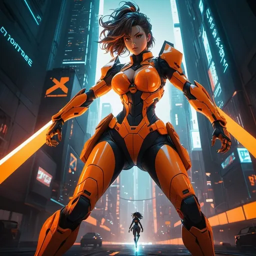 Prompt: score_9, score_8_up, score_7_up, source_anime, woman, orange glowing outlines, grid, cyberpunk, 1980s, retro, scifi, city, Dynamic pose that conveys power and agility, showcasing the intensity of the fight. Epic battle scene set in a sprawling urban landscape, with towering buildings and a sense of scale. Monster characterized by menacing features, monstrous anatomy, and a formidable presence. Utilize dramatic lighting, with shadows and highlights accentuating the intensity and mood of the scene. Incorporate cinematic effects like motion blur, saving prompt