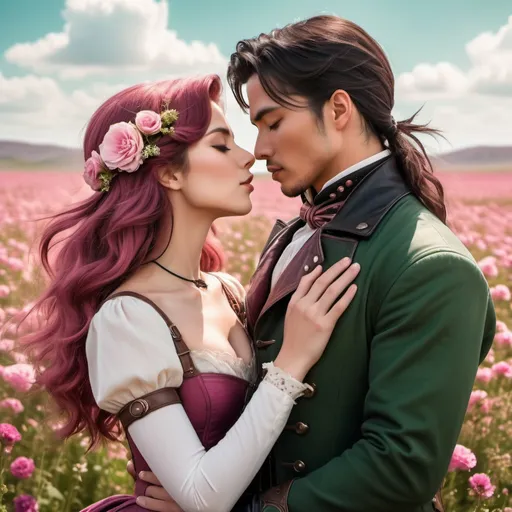 Prompt: Romance illustration, a couple sharing a passionate kiss, romance book, steampunk Wild west, set against a blooming field of flowers and the gentle breeze,style raw, akira toriyama, solarizing master, y2k aesthetic, dark pink and green, magali villeneuve --ar 1:2 --stylize 750 --v 6