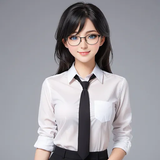 Prompt: Create a full-body portrait of a twenty-year-old anime teacher. She should have striking blue eyes, one covered with an eye cloth patch hinting at a scar over her eye. Her smile is warm and inviting. She wears glasses which accentuate her intelligent gaze. Her attire consists of a classic white shirt paired with a black tie and black trousers. Flowing long black hair should elegantly frame her face and fall naturally. Ensure her posture exudes confidence and approachability, typical of a beloved educator.