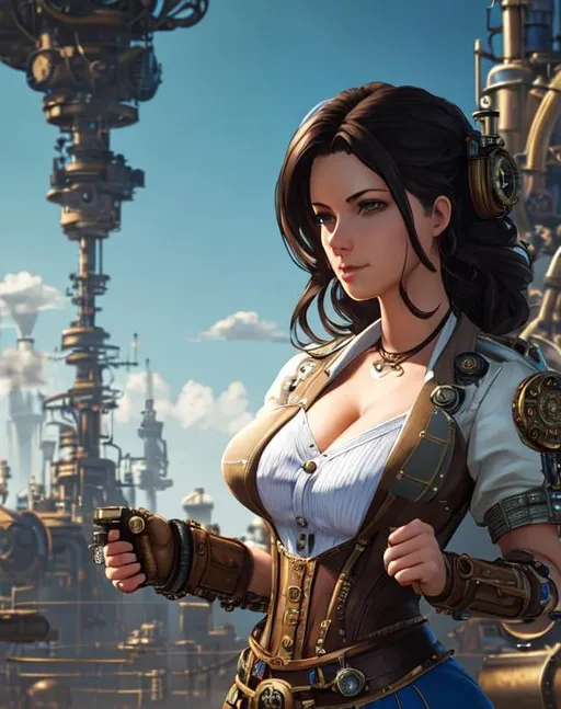 Prompt: steampunk female machinist, mechanical, excited, skirt, symmetrical, perfect composition, hyperrealistic, super detailed, 8k, high quality, Splash art, front, epic Instagram, artstation, hyperdetailed intricately detailed, unreal engine, intricate detail, splash screen, complementary colors, concept art, 8k, heavy strokes, splash arts, full height, full body focus,