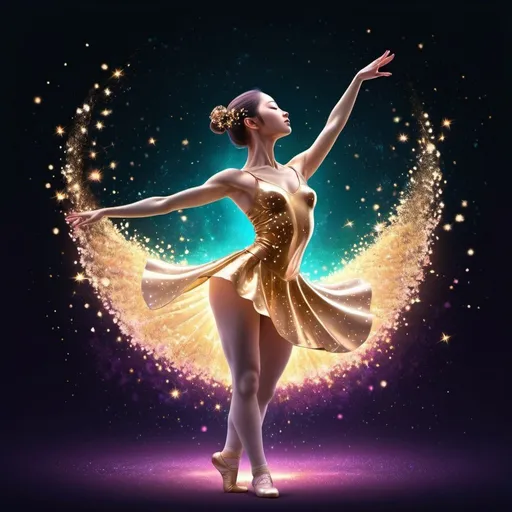 Prompt: Faceless Ballerina made out of glass, striking a ballerina pose with her arms up, wearing a ballerina outfit, see through body, surrounded by a bright cyan glow, dark background covered with glowing stars, there is a galaxy in the background at the top corners of the screen, falling stars colored in a bright purple hue, dynamic pose, dripping golden blood, delicate lines, golden cherry blossom tones, Japanese aesthetic, explosive bright particles in the form of sparks of light, simple illustration, English text, written on gold collar