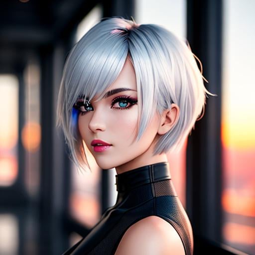 Prompt: portrait photo of a stylish beautiful girl, asymmetric hair cut, cyberpunk aesthetic, heavenly beauty, 8k, 50mm, f/1. 4, high detail, sharp focus, cowboy shot, perfect anatomy, arms behind back, sunshine on her face, sunset, window side