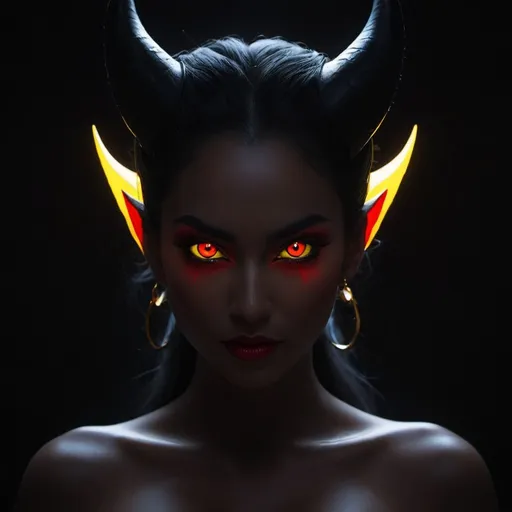 Prompt: devil woman form, looking back, (black silhouette)+++++, (glowing red eye)++, (black background)+++, (thunder in background)++, (yellow aura)++++, minimalistic, eyebrows visible through hair, beautiful eyes, fantasy, (unique)+, (symmetry)+, (no deformation)+
