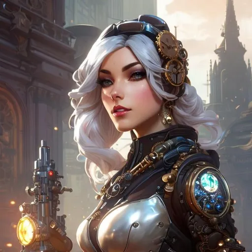 Prompt: steampunk female robot face, face full tank top, full lance boots, white hair, extremely detailed, intricate, intricate, character concept art, by Peter Mohrbacher and Alphonse Mucha, overwatch, weapon, detailed, style, 8k, trending on artstation, unreal engine 4k, steampunk female horse, wendigo, portrait, steampunk armor --w 400 --h 600e, ultra high detail, hyper realistic, realistic concept art. sense of awe and scale, in the art style of Filip Hodas, a grimdark dystopian cyberpunk post-apocalyptic style, --ar 16:8
