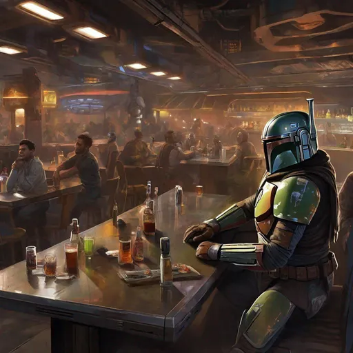 Prompt: there are people sitting in a restaurant with a bar and a man standing, sci-fi concept art :: nixri, mandalorian, slum, pub, high detailed official artwork, protagonist in foreground, lucasarts, ironpunk, mercenary, ps 3 graphics, one galaxy, cold drinks, space graphics art in background, dark hangar background, futuristic year 4 0 0 0