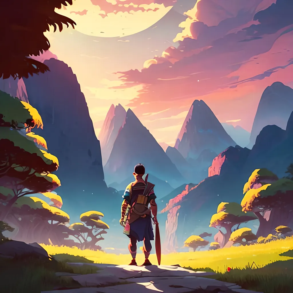 Prompt: there is a asian samaru with a large blade on back looking at a mountain, atey ghailan 8k, ross tran. scenic background, artgerm and atey ghailan, concept art | rhads, looking at the mountains, andreas rocha style, ilya kuvshinov landscape, by sylvain sarrailh, inspired by Atey Ghailan, traveling through dark forest