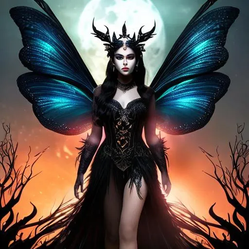 Prompt: portrait of beautiful enchantress fairy with intricately detailed big black and red translucent wings, flawless crimson eyes, flawless eyes looking directly at camera, highly detailed dress, blood moon behind trees, moonlight filtered through trees, creepy forest scene, blood moon, red glow, mist, ethereal, eerie, Gothic, backlit, hyperdetailed, intricate, a masterpiece, by Victo Ngai, by Greg Rutkowski, highest possible resolution, trending on Artstation, highly detailed and intricate, paint splatter, white ink, a masterpiece of double exposure art