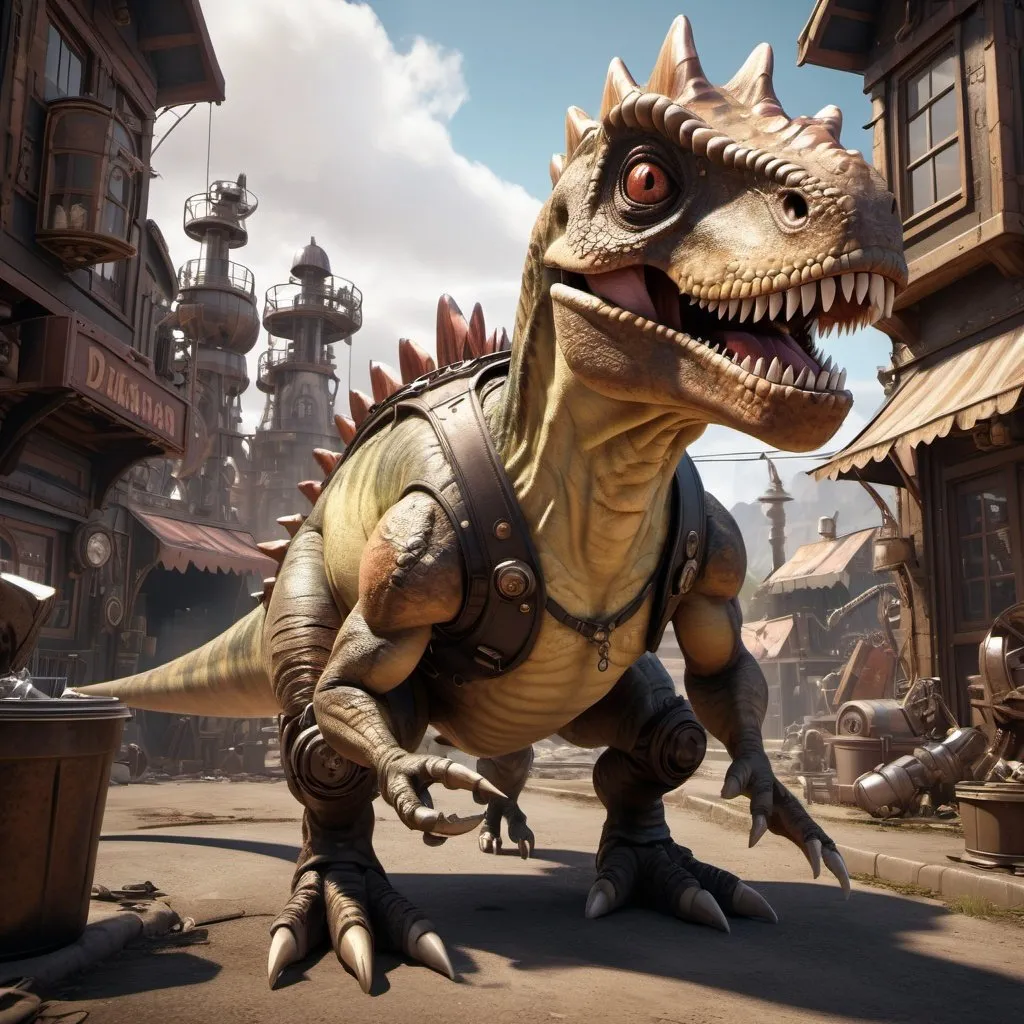 Prompt: steampunk style, A Fantasy-Character, Trash-punk muscular Dinosaur, full body, big eyes, fantastical whimsical Dino village, Ultra-8k-Rtx, Photorealistic Stunning cinematic visual