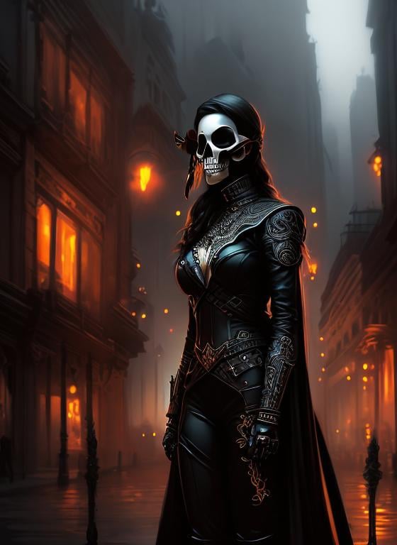 Prompt: concept art breathtaking Artistic female in skull mask , solo. , under creepy evil fog. In a City burial background, surreal detail. Artistic dark color effect. Detailed. Centered,black plague mask  Artstation illustrators, intricate details, face, full body portrait, dim light, illustration, UHD, 4K