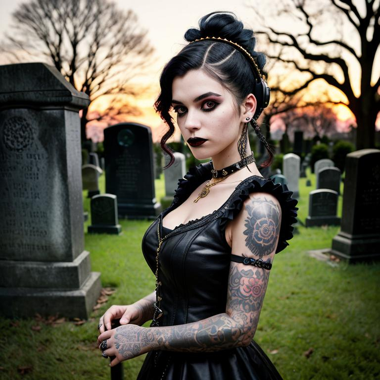 Prompt: (Inspired by photographers Dan Winters and Russell James), create an AI-generated photo featuring a punk goth girl wearing a black headset, an intricate dress with perfect details, and set against a cinematic backdrop of a cemetery grave stone. The photo should capture a moody atmosphere with stunning lighting, incorporating elements such as depth of field and the golden hour. Emphasize highly detailed facial features, while maintaining a centered composition. Draw inspiration from the award-winning Nikon D850 photography for exceptional quality and realism.