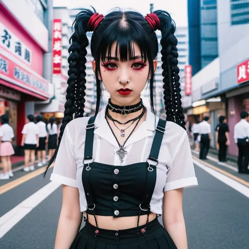 Prompt: vaporwave japan city, anime girl wearing chain accessories, spike choker, all black skirt, sheer white shirt, lace gothic, septum nose piercing, dark hair with red streaks in two braided pigtails