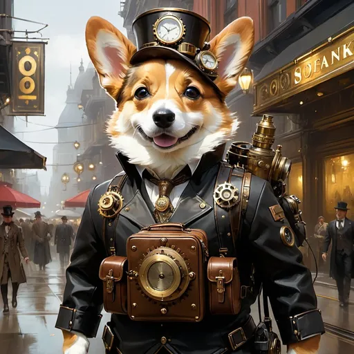 Prompt: Professional painting of a beautiful steampunk metal  corgi carry a backpack of brass gears, by Jeremy Mann, Rutkowski, and other Artstation illustrators, intricate details, face,  full body portrait, headshot, illustration, UHD, 4K