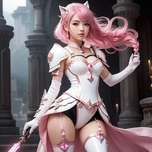 Prompt: (masterpiece), best quality, expressive eyes, perfect face, full body, 1girl, pink haired eighteen years old girl, standing up, dressed in a pink dress under a set of white armor, silver hairpin with a pink gem, white chest plate, white gauntlets, white greaves, white armored boots, thigh high pink stockings, cupping the hands upward, knee-reaching single braid, pink furred ears and tail, ghostly orbs all around, gathering energy between the hands