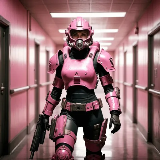 Prompt:  image of a female raider from the Fallout series clad in pink chromatic power armor, using pastel colors. The setting is a high school hallway with dim lighting. Capture the character in an action pose that would be trending on ArtStation. The final image should be in 8k resolution.