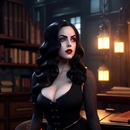 Prompt: digital painting of Elizabeth Gillies by ((((style of Greg Rutkowski)))), digital painting, (gritty vintage noir), alluring vampire-hunting woman with long black hair, blue eyes, and red lips, wearing a black (cotton) (high neck minidress), ((fishnet tights)), set in a warmly lit private detective's office