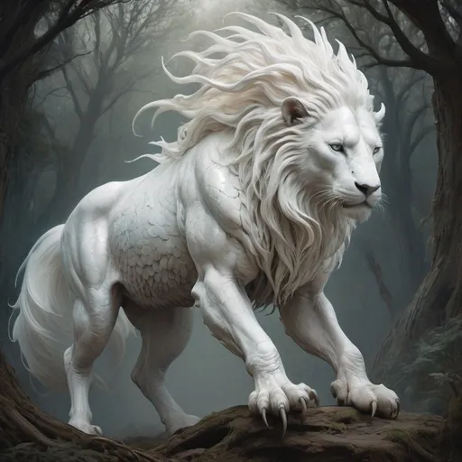 Prompt: A strikingly mystical creature, reminiscent of a large, magical female monster, takes center stage in this vintagepunk artwork. The image, possibly a captivating painting or a carefully captured photograph, showcases an awe-inspiring big white creature with an ethereal aura. Its mottled shade of white encompasses a weathered yet mesmerizing appearance, emanating an air of enigmatic beauty. Every minute detail of this creature's otherworldly form, from its intricate scales to its flowing mane, is portrayed with exquisite quality, capturing the viewer's attention. This artistry exudes a sense of vintage charm while simultaneously evoking a futuristic essence, lending the image a unique and captivating appeal.