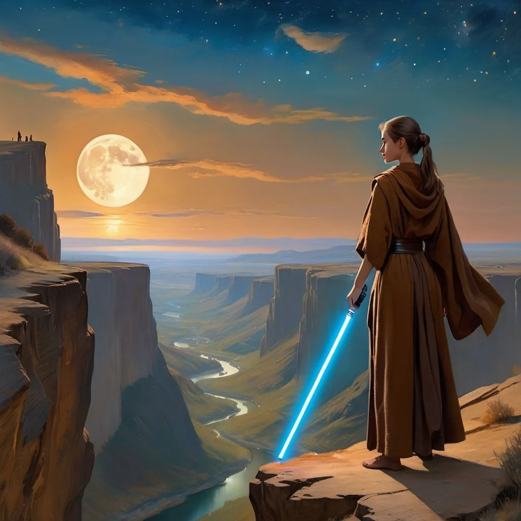Prompt: female jedi in brown robes standing on a cliff with her blue lightsaber ignited, overlooking a beautiful landscape, Degas painting, Impressionist painting, peaceful atmosphere, nightfall, two moons, stars, 4k, pretty woman walking through the city