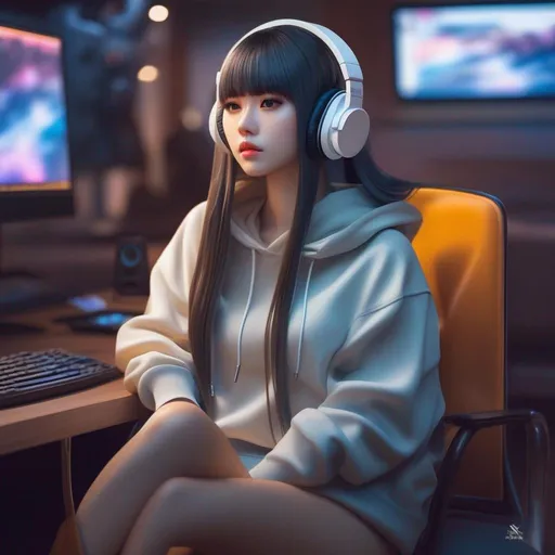 Prompt: there is a woman sitting in a chair with headphones on, ig model | artgerm, cute casual streetwear, cgsociety and fenghua zhong, anime action figure, sad expression, ultra realistic photo, wearing sweatshirt, gaming room, very realistic painting effect, long hair with full bangs, ƒ/5.0