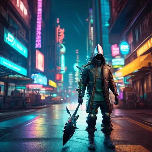 Prompt: anthropomorphic shark wearing cyberpunk street vendor, realistic, muscular, human proportions, on the streets of Night City, huge grin, lots of scars, cyberpunk,  high definition, professional Pixar, Disney, concept art, 3d digital art, Maya 3D, ZBrush Central 3D shading, bright colored background, radial gradient background, cinematic, Reimagined by industrial light and magic, 4k resolution post processing