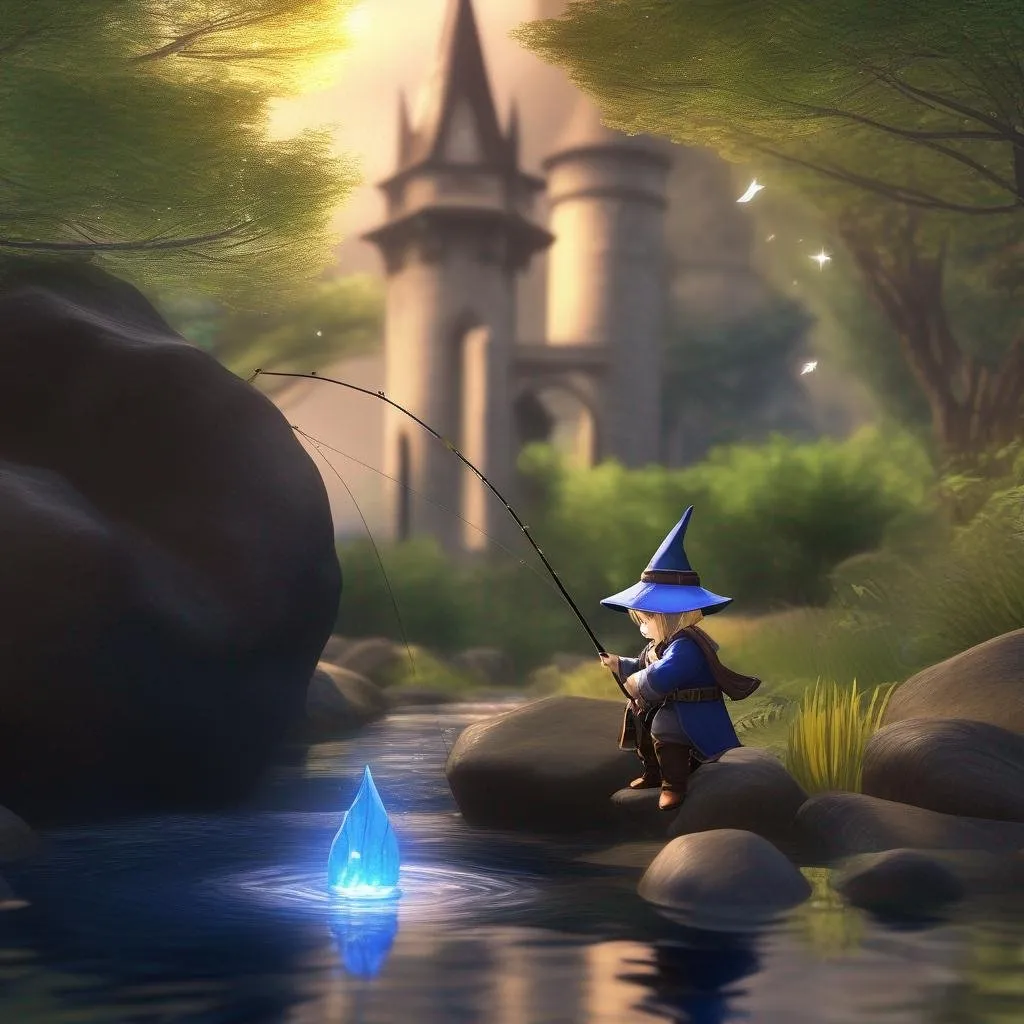 Prompt: Lalafell male wizard fishing in a stream near stone tower, no care in the world