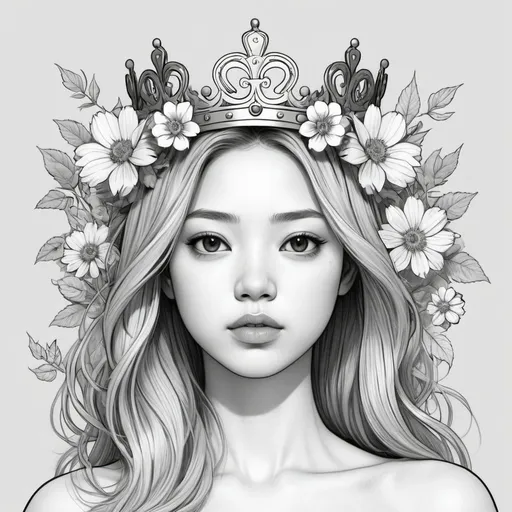 Prompt: drawing an artistic digital image of a girl that has flowers in the crown, in the style of frank cho, elina karimova, mono-ha, strong facial expression, soft lines and shapes, high resolution, fashwave --ar 6:11 --s 750 --niji 5