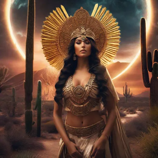 Prompt: (((Mayan goddess)))best quality, ultra-high resolution, 4K detailed CG, master piece,Xquic,waning moon goddess, woman,Mayan clothing,Mayan mythology,cactus, stream, desert, sunlight,(( tree)) Mexico, aesthetics, Beautiful image, centered on the screen
 during a thunderstorm, low angle, closeup, glow, ultra realistic, digital painting