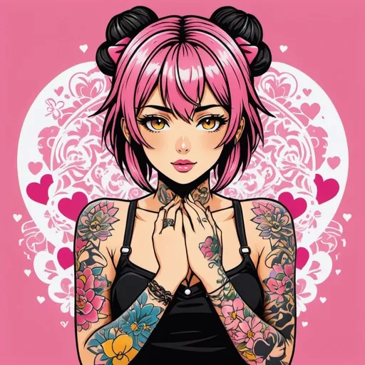 Prompt: Alternative anime girl covered in tattoos, heart hands posed, lots of tattoos, tattoo sleeves, focus on pink and yellow colours, illustration, basic colour backgrounds, industrial, Lino print, anime style, simple design, block colours, ((2D vector graphic))