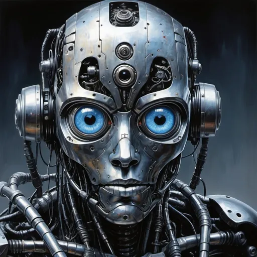 Prompt: artistic, oil painting, front view, heavy brushed, sci-fi, bizarre human robot, hyper detail lens type one eye is blue light gaze, Tsutomu Nihei art, dystopia environment, horrible, disgusting, many touched, black with silver, realism, many detailed, real paint texture --ar 9:16 --style raw --stylize 700