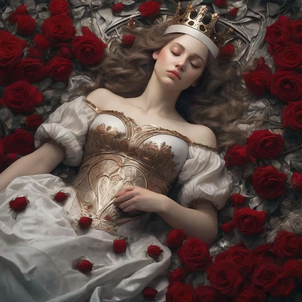 Prompt: Full body portrait of pale sleeping beauty with a rusted crown, lying on a bed of red roses. Ultra detailed 8k CG artwork with a cinematic feel and dramatic lighting. Inspired by the works of William-Adolphe Bouguereau, John William Waterhouse, and H.R. Giger 