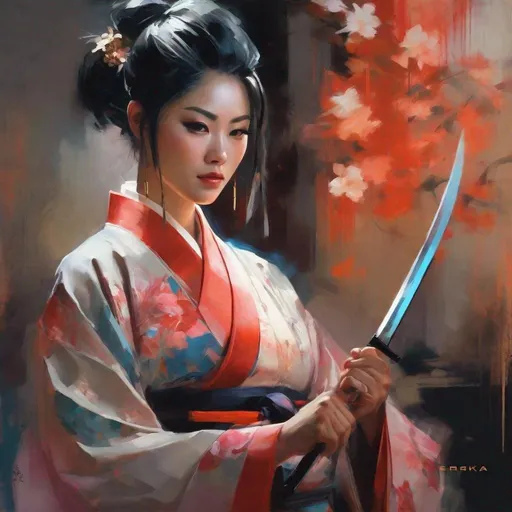 Prompt: painting of a woman in a kimono outfit holding a knife, beautiful character painting, ross tran 8 k, artgerm craig mullins, ross tran style, female samurai, style of raymond swanland, jeremy mann art, artgerm and craig mullins, by Charles Roka, range murata jeremy lipking, style of jeremy mann, by Ross Tran