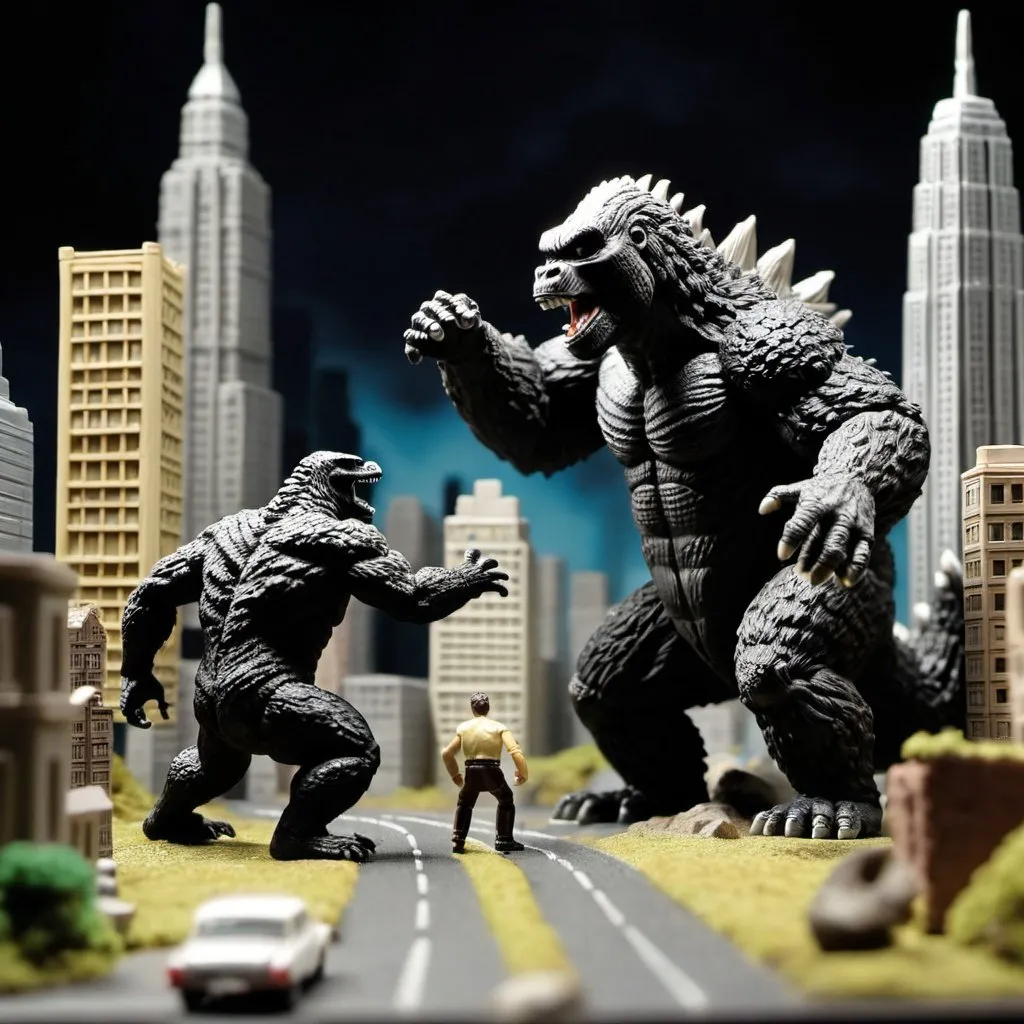 Prompt: Godzilla fighting King Kong figurine set against a miniature city, stop-motion.