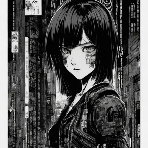 Prompt: a black and white drawing of a girl, in the style of cyberpunk manga, heavy use of palette knives, dino valls, blink-and-you-miss-it detail, chris samnee, animated gifs, brooding mood --ar 62:121 --stylize 750 --v 6