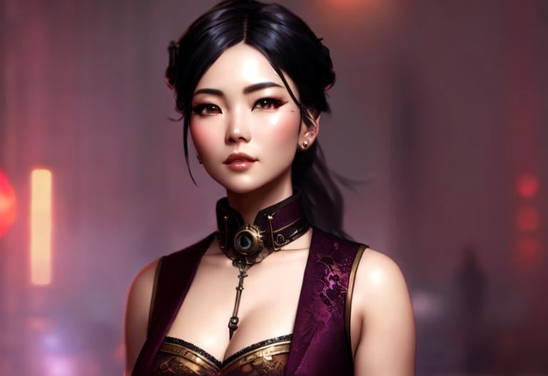 Prompt: Professional painting of a beautiful steampunk asian woman, by Jeremy Mann, Rutkowski, and other Artstation illustrators, intricate details, face, full body portrait, headshot, illustration, UHD, 4K