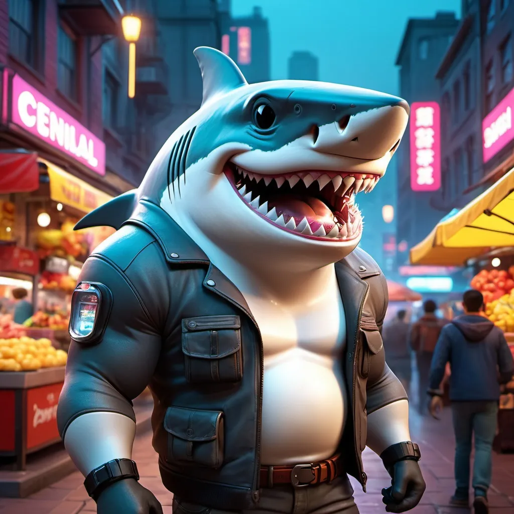 Prompt: anthropomorphic shark wearing cyberpunk street vendor, realistic, muscular, human proportions, on the streets of Night City, huge grin, lots of scars, cyberpunk,  high definition, professional Pixar, Disney, concept art, 3d digital art, Maya 3D, ZBrushCentral 3D shading, bright colored background, radial gradient background, cinematic, Reimagined by industrial light and magic, 4k resolution post processing