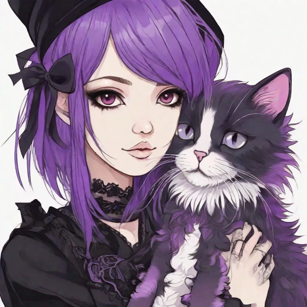 Prompt: anime girl with purple hair holding a cat in her arms, portrait of a goth catgirl, gothic maiden anime girl, portrait of cute goth girl, gothic princess portrait, cute anime girl portrait, gothic girl, gothic maiden, portrait anime girl, anime character portrait, pet, emo girl and her cat, anime visual of a cute cat, anime girl portrait, goth girl