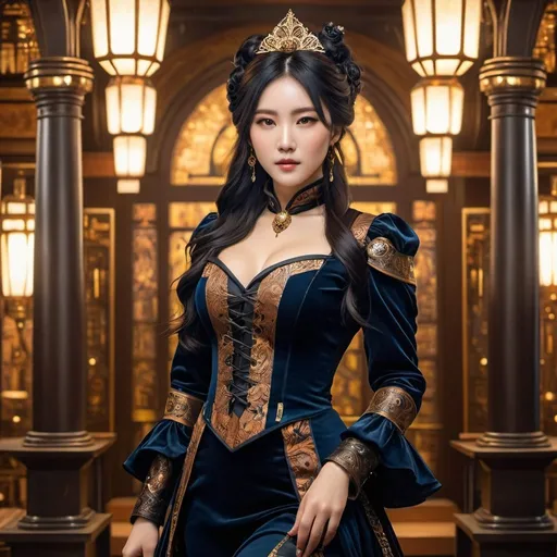 Prompt: Very beautiful Steampunk korean lady, long black hair, steampunk outfit and weapon, hyperrealism, photorealistic, 8k, unreal engine --ar 9:16 --niji 5 --style expressive --s 400, shining eyes, Elegant, ethereal, graceful, HDR, UHD, high res, 64k, cinematic lighting, special effects, hd octane render, professional photograph, studio lighting, trending on artstation, dynamic pose, action scene, full body, ultra highres, (realistic, photo-realistic:1. 4), 8k, raw photo, best illumination, hyperrealism, dynamic lighting, photography, <lora:Asuka:1. 0>, hipereallistic cover  photo awesome full color, ,  hand drawn, dark, gritty, realistic  mucha, klimt, erte .12k,  intricate. hight definition , cinematic,Rough sketch, mix of bold dark lines and loose lines, bold lines, on paper , full body with velvet dress, humanoid, Full body, 4K, 8k, high definition texture, high quality, in an arcade room