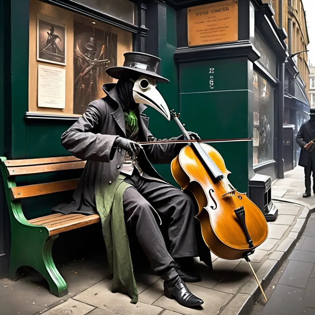 Prompt: A cyberpunk street corner of London with an plague doctor musician sitting on the bench, with long beak mask, playing a mechanical cello with green strings, use dark and gritty colors, in the style of John Singer Sargent.