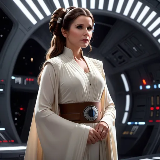 Prompt: Leia Organa from star wars, star wars, 1girl, long hair, princess, she adult, full body, 4k, 8k, ultra-detailed, brown hair