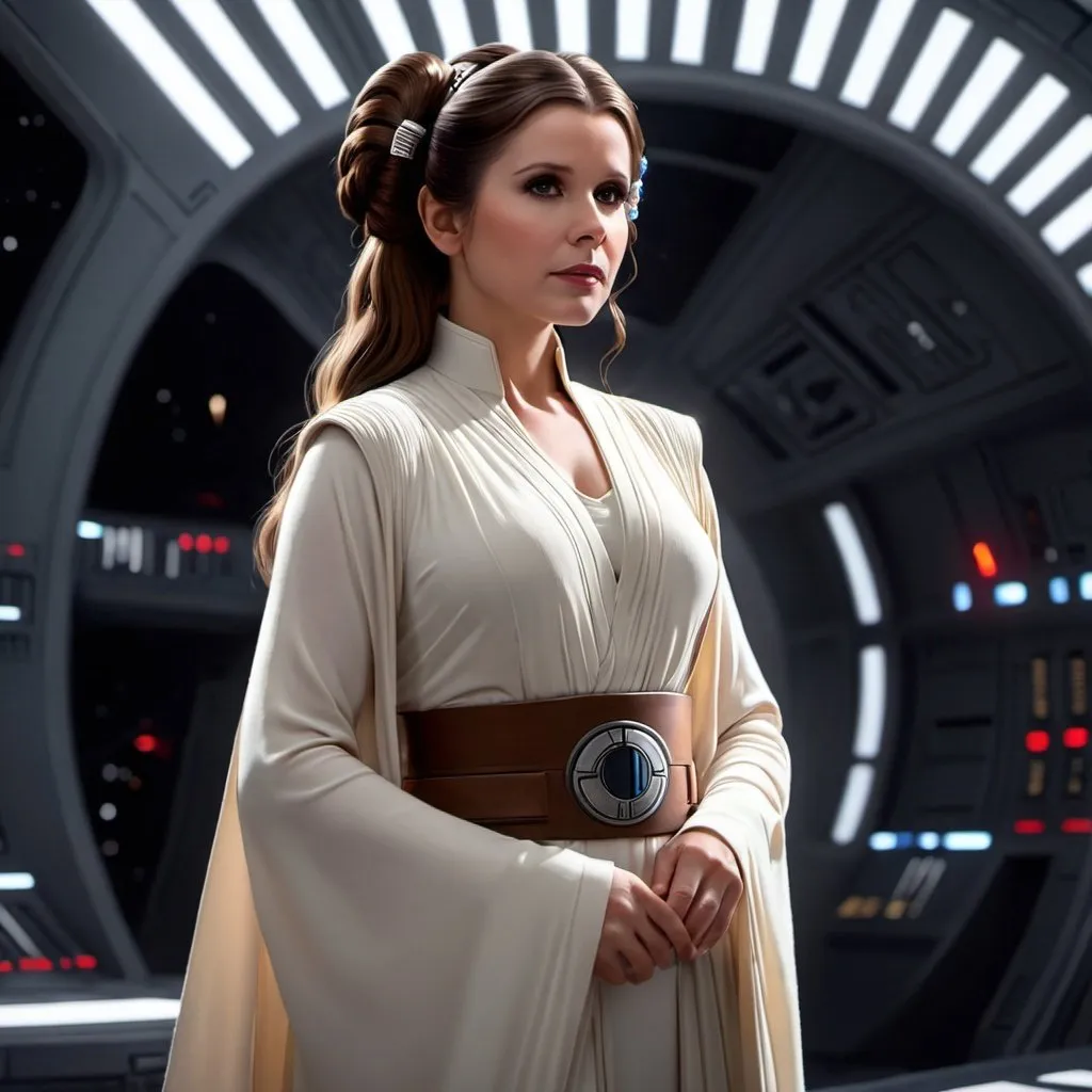 Prompt: Leia Organa from star wars, star wars, 1girl, long hair, princess, she adult, full body, 4k, 8k, ultra-detailed, brown hair